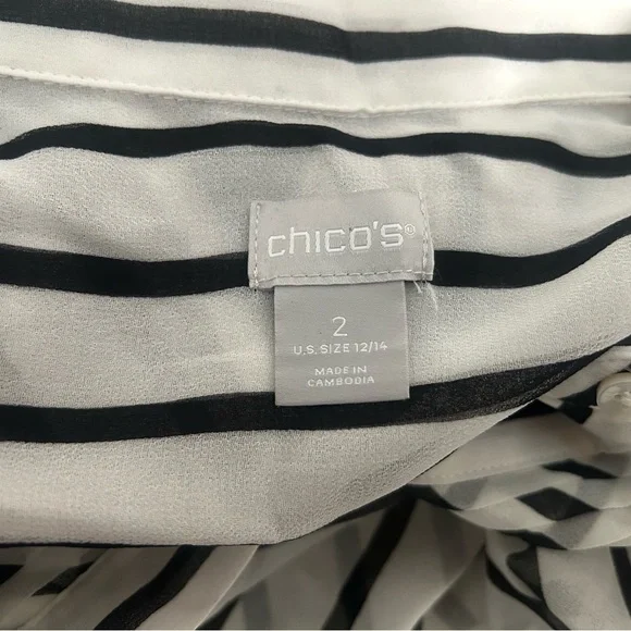 Chico’s Billow Sleeve Blouse Top Sheer Black White Stripe Women’s 12/14 2 - Picture 3 of 9